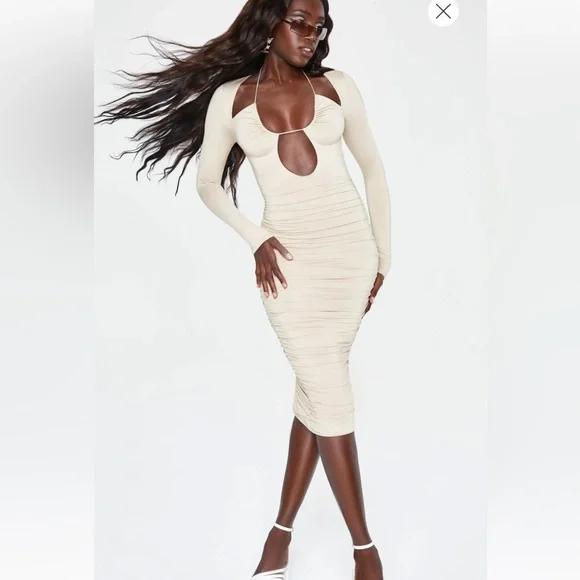 Long Sleeve Cut Out Halterneck Midi Dress in Beige - 4 | Oh Polly Long Sleeve Cut Out Halterneck Midi Dress in Beige - 4 | Oh Polly